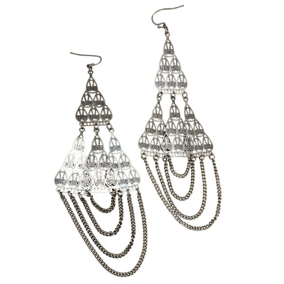 Silvertone Filigree Chandelier Earrings - Hook - Picture 1 of 2